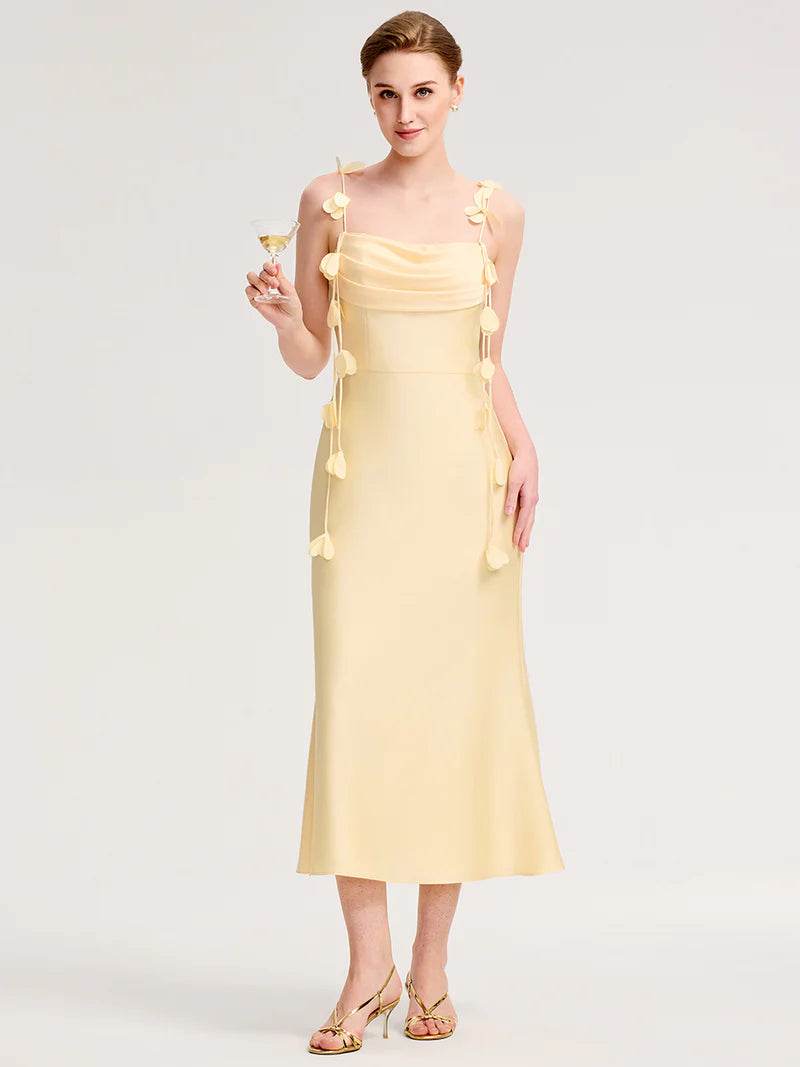 Strapless Yellow Fishtail Midi Dress Floral Tie-Front - Biamonde
